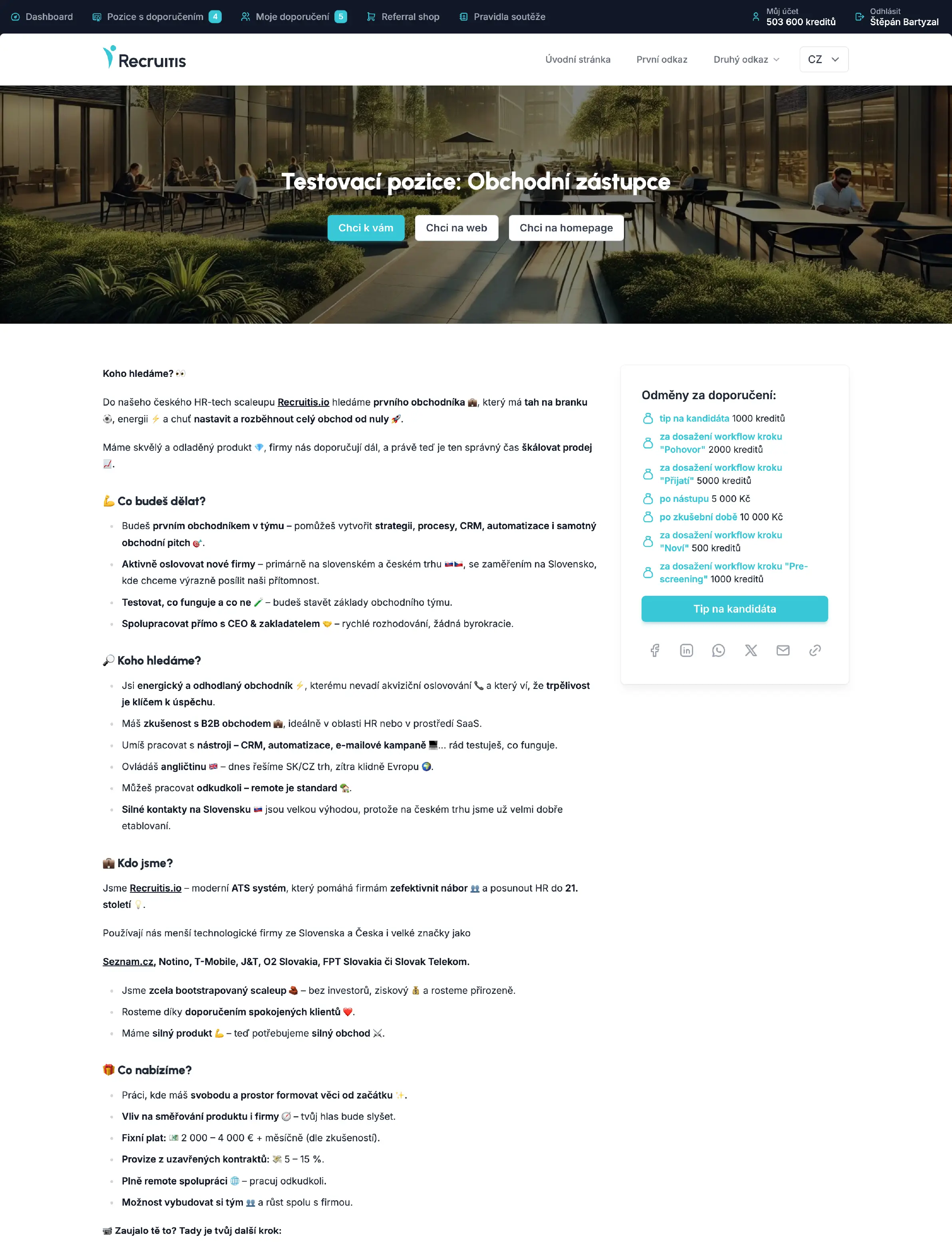 Podroben prikaz delovnega mesta z nagradami za priporočilo v Recruitis