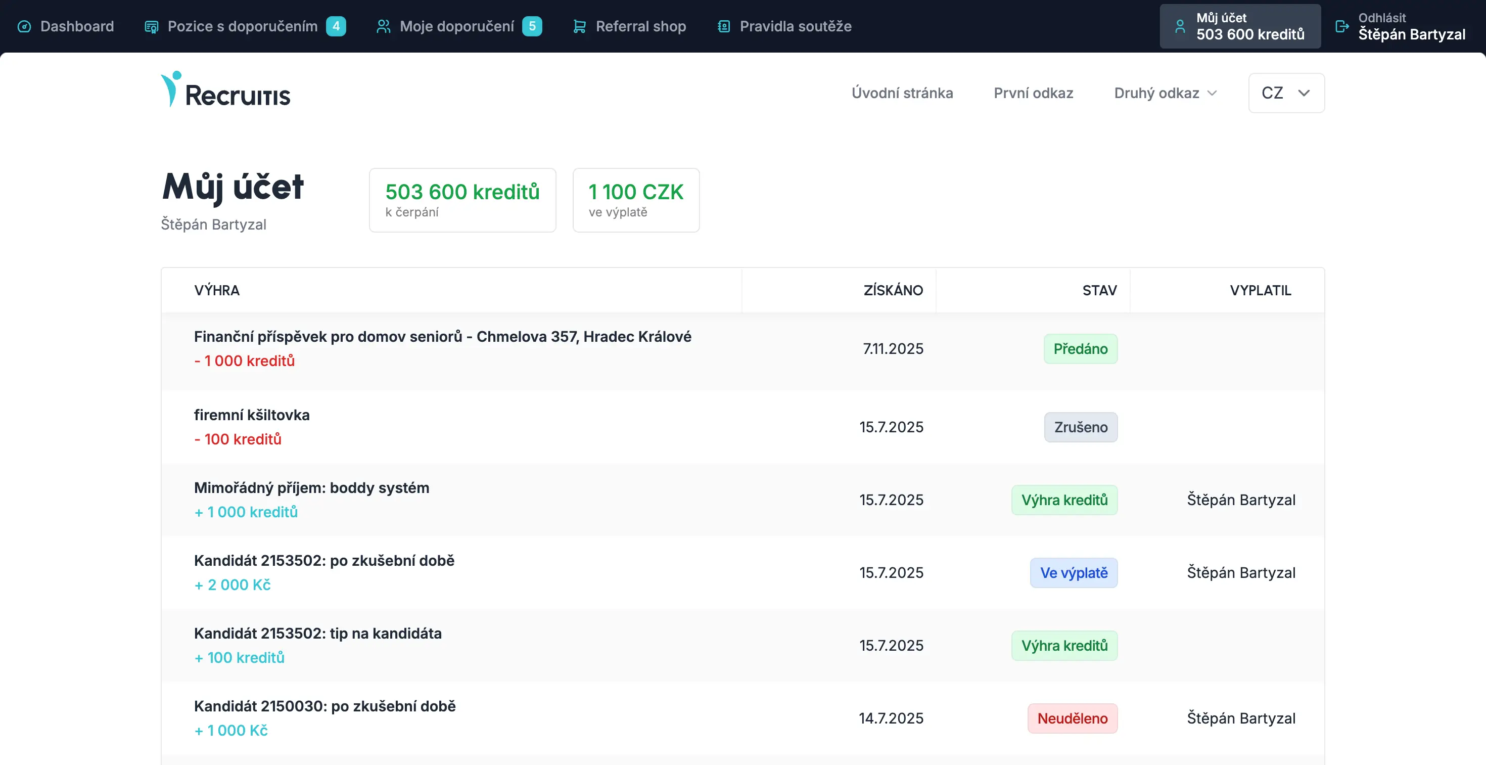 Denarnica zaposlenega s pregledom kreditov in nagrad
